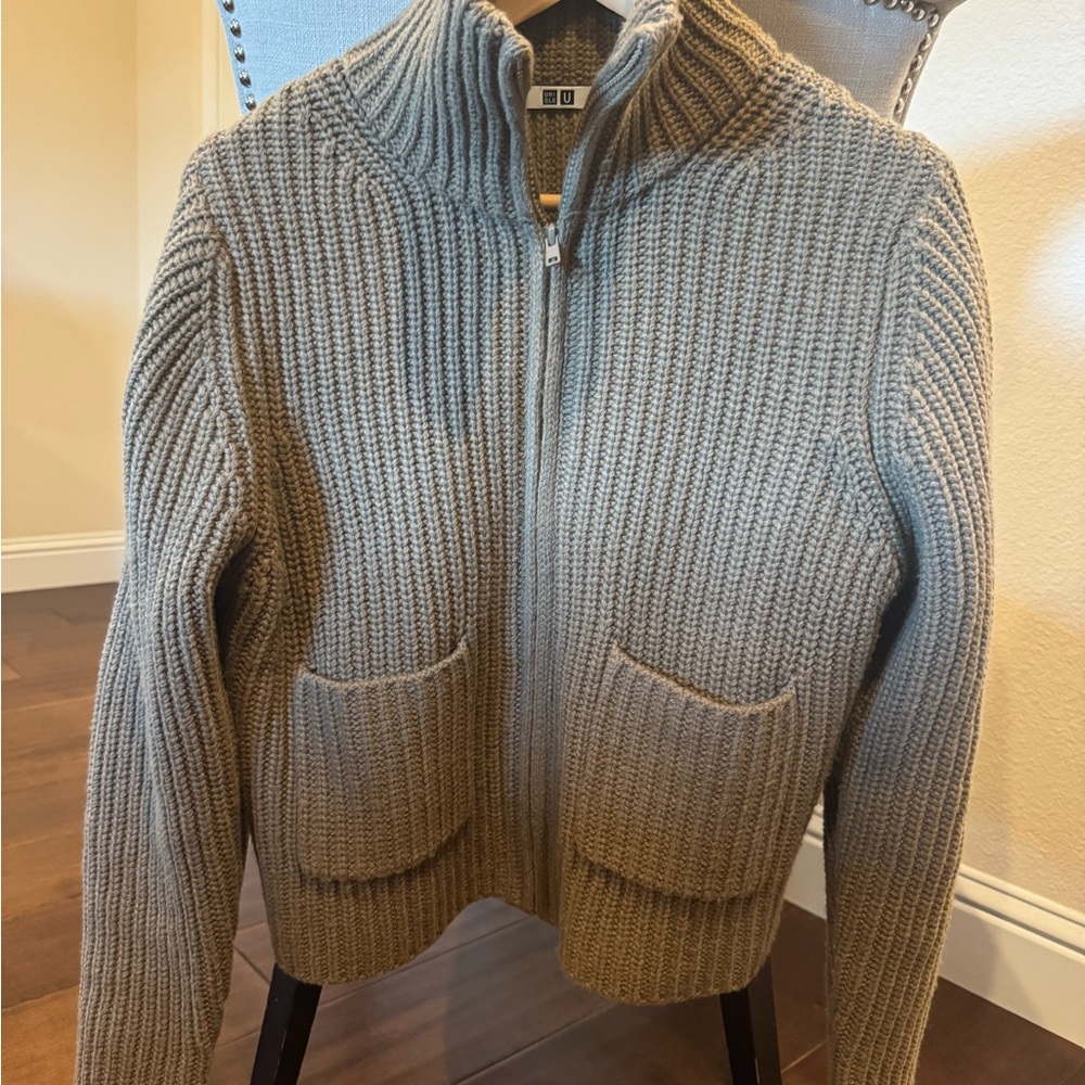 Uniqlo U Full Zip Olive/Brown Full-Zip Knit Sweater - small